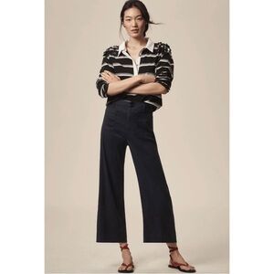 Maeve Anthropologie Colette Cropped Wide Leg Linen Blend Pants Size 32 Navy Blue